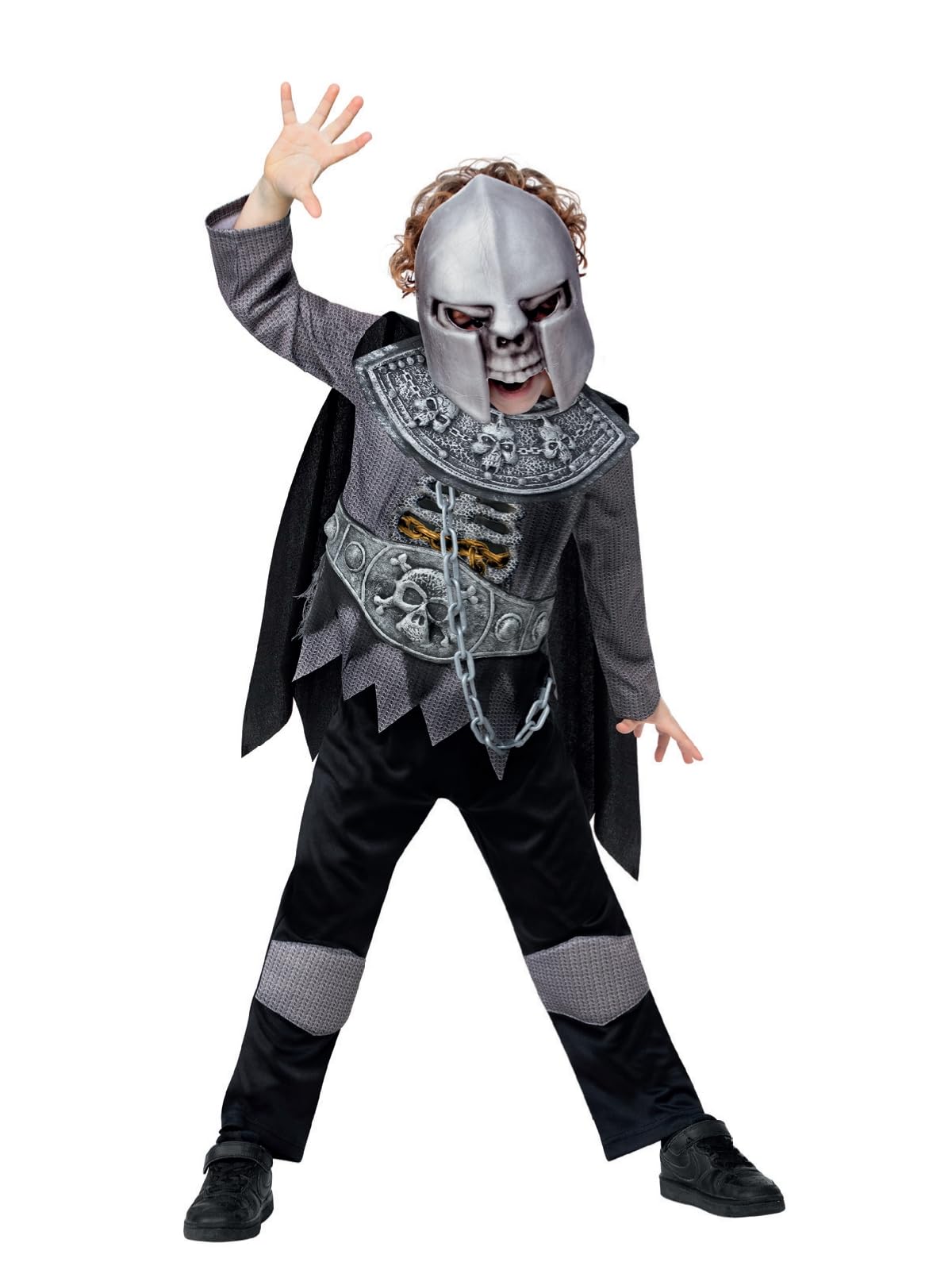 Smiffys Deluxe Skeleton Knight Costume Top with EVA Chest, Cape, Trousers & EVA Mask, Halloween Child Fancy Dress, Skeleton Dress Up Costumes