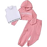 Hihosdor Girls Clothes 3 Piece Outfits Hoodie Pullover Sweatshirts Cool Crop Tank and Sweatpants Set Teen Girls Outfits