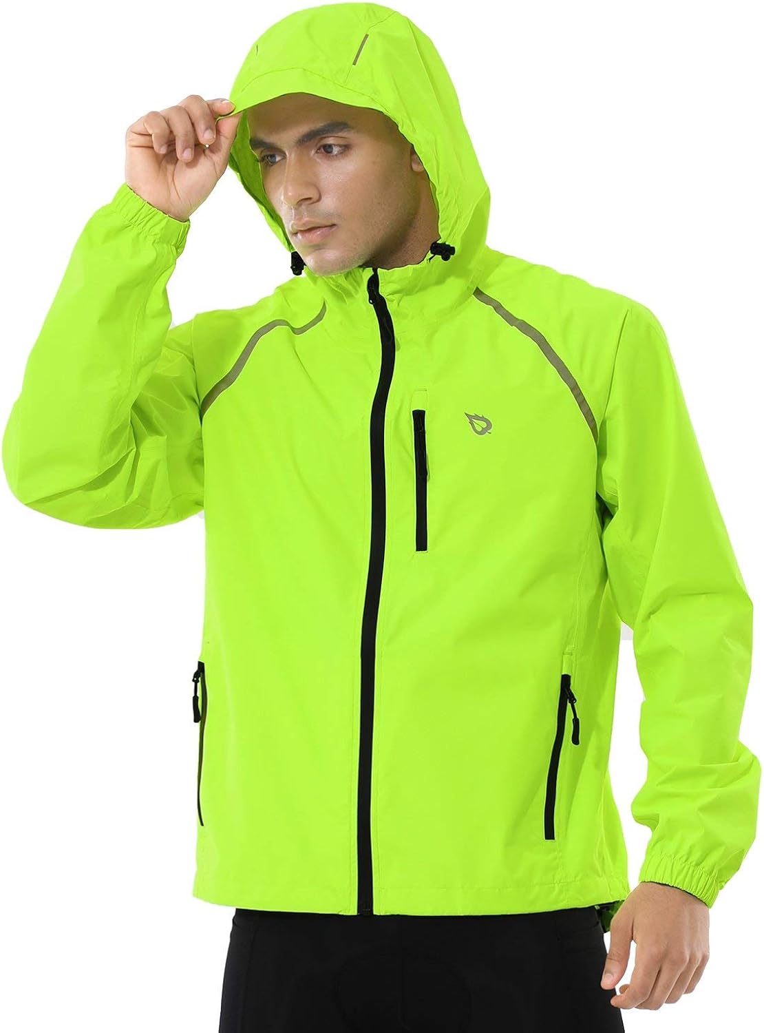 BALEAF Men's Cycling Running Jacket Waterproof Reflective Lightweight Windbreaker Windproof Bike Jacket Hooded Fluorescent Yellow Size M: Clothing