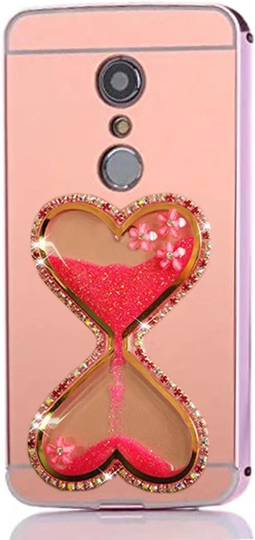 ZTE Axon 7 Mirror Case, QKKE [Liquid Hourglass Series] Metal Air Aluminum Bumper Detachable + Mirror Hard Back Case 2 in 1 Cover Ultra-Thin Frame for ZTE Axon 7(Hourglass Flower/Rose)