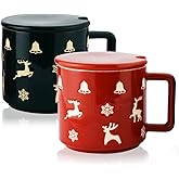 Qdetak Ceramic Christmas Mugs Set of 2 (15oz, Red & Green) with Lids & Handles, Microwave & Dishwasher Safe – Holiday Coffee Mugs for Gifts & Festive Decoration