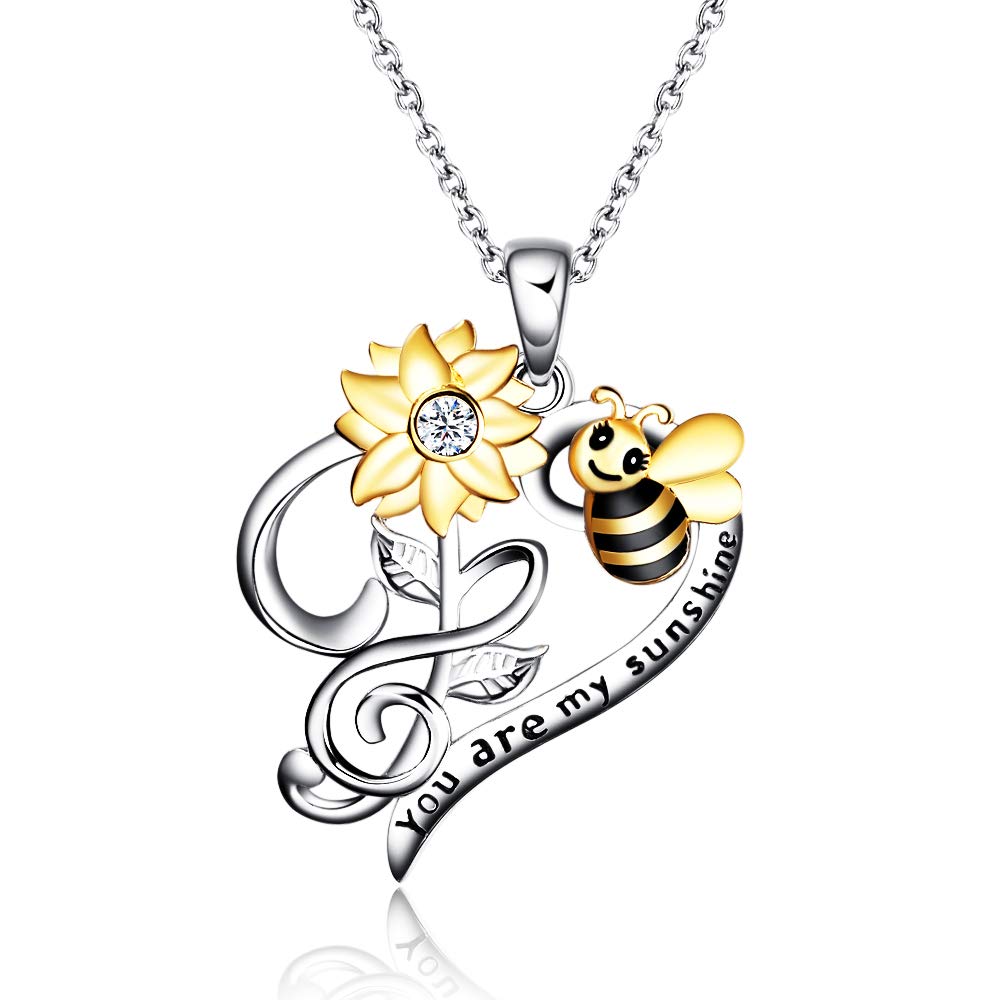 YAFEINI 925 Sterling Silver Bee Necklace You are My Sunshine Necklace Bee Sunflower Pendant Jewellery Gifts For Women Girls Mum Daughter