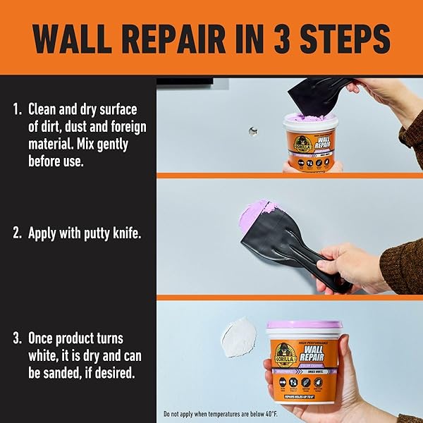 GORILLA HIGH PERFORMANCE WALL REPAIR COLOR CHANGE, 32 OUNCE TUB, APPLIES PURPLE, DRIES WHITE – SPACKLING & PRIMER IN ONE, SHRINK & CRACK RESISTANT