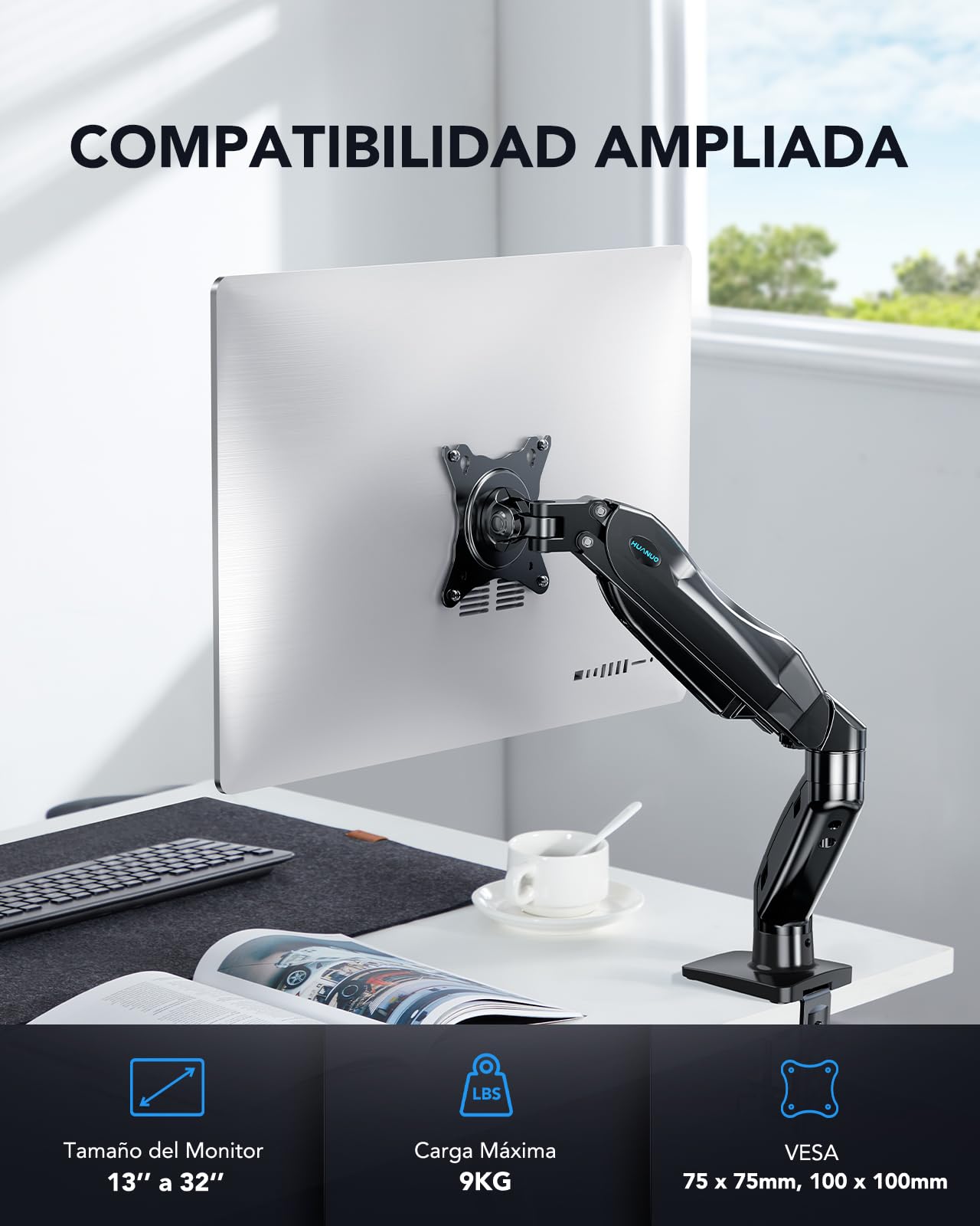 HUANUO Single Monitor Mount, 13 to 32 Inch Monitor Arm, Adjustable Monitor Stand, Vesa Mount with Clamp and Grommet Base - Fits 4.4 to 19.8lbs LCD Computer Monitors
