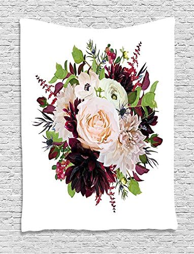 XHFITCLtd Anemone Flower Tapestry, Bohemian Style Round Wreath Bouquet with Various Autumn Leaves Herbs, Wall Hanging for Bedroom Living Room Dorm, 60 W X 80 L Inches, Maroon Peach Green