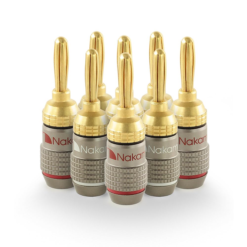 Nakamichi FanLock Excel Series 24k Gold Plated Banana Plug 10 AWG - 18 AWG Gauge Size 4mm for Speakers Amplifier Hi-Fi Stereo Home Theatre Radio Audio Wire Cable Quick Connector 8 Pcs (4-Pairs)