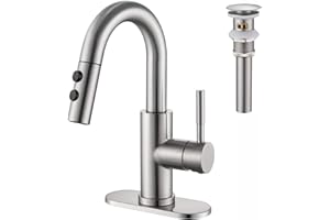 Kablle Bathroom Sink Faucet with Pull Down Sprayer, Brushed Nickel Single Handle Pull Out Faucet with Pop-Up Drain, 1 or 3 Hole Laundry Bar Basin Faucet with Deck Plate, KBL-7002BN-CL