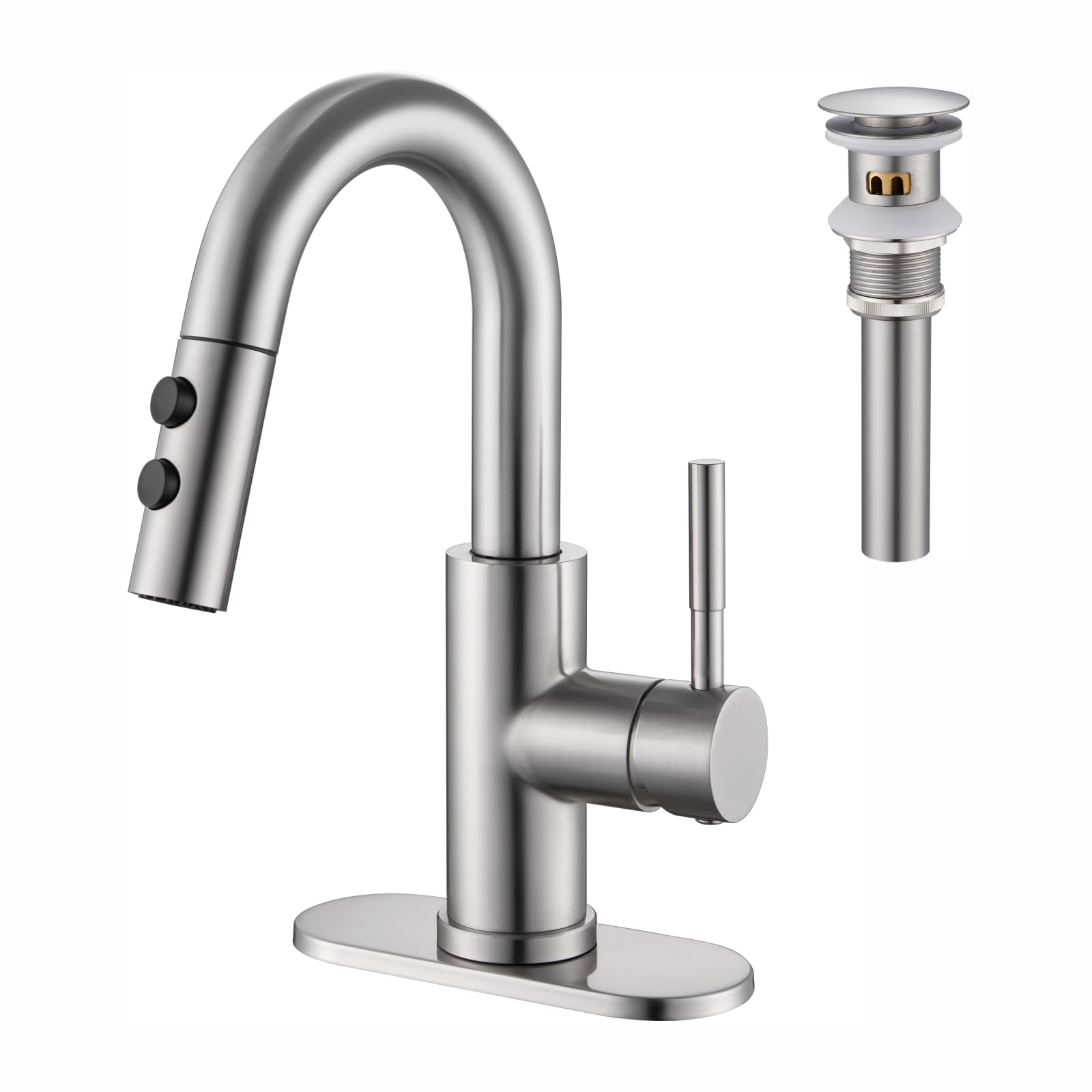 Photo 1 of Kablle Bathroom Sink Faucet with Pull Down Sprayer, Brushed Nickel Single Handle Pull Out Faucet with Pop-Up Drain, 1 or 3 Hole Laundry Bar Basin Faucet with Deck Plate, KBL-7002BN-CL