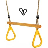 Wooden Trapeze with Plastic Gym Rings Trapeze Swing Bar with Adjustable Rope for Indoor Playground 2 in 1 Swing Set Yellow