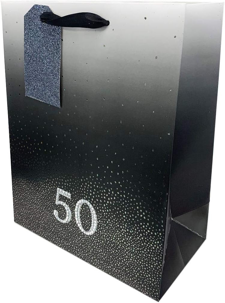 50th Birthday Bag Gift Large Black Age Present Wrapping for Him Her Men Women 50 Silver Foil Numbers Glitter Tag Ribbon Handles
