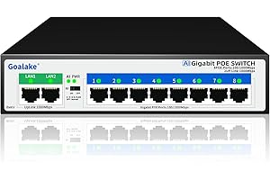 GOALAKE 8 Port Gigabit PoE Switch with 2 Gigabit Uplink, Unmanaged 10 Port Gigabit PoE Switch Compatible with IEEE 802.3af/at Devices@120W, AI PoE Auto Recovery&Extend, Vlan, Metal Pluy&Play