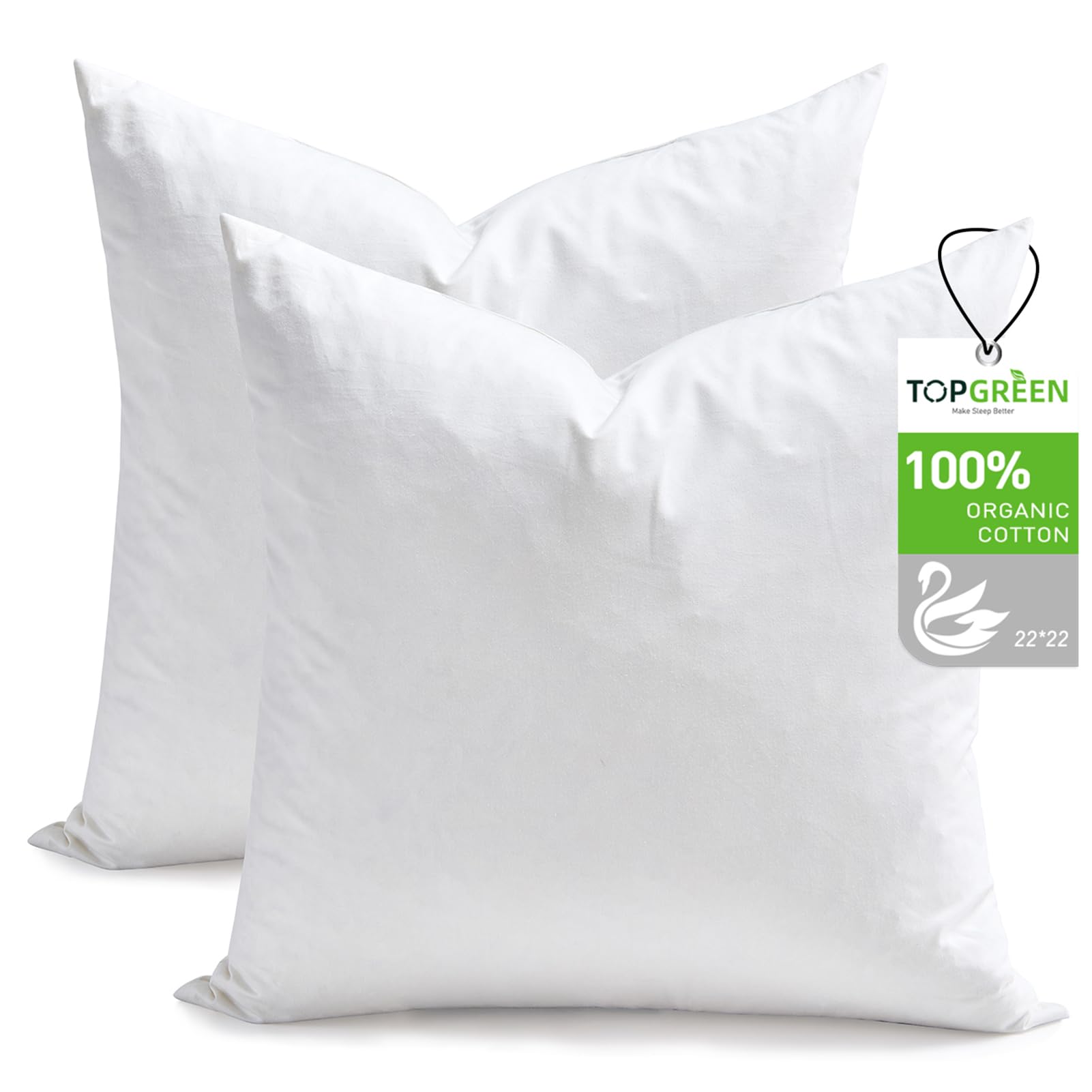 Photo 1 of TOPGREEN Feathers Down Throw Pillow Inserts 22x22, Set of 2, 100% Organic Cotton Shell, Soft Decorative Square Pillows Insert for Living Room Sofa, Couch, or Bed (White)