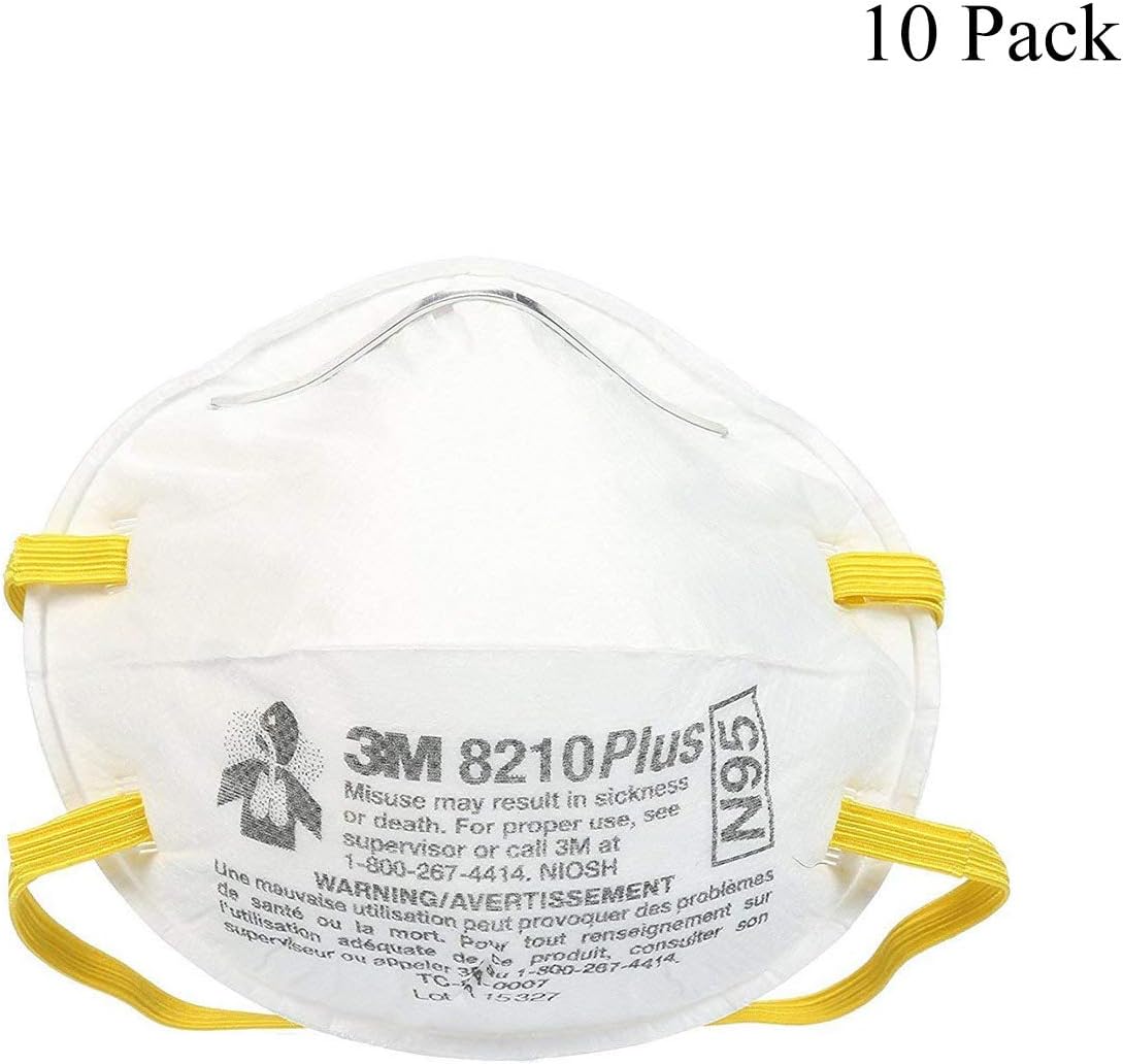 3M Respirator N95, N95 Particulate Respirator, ESD8210 3M Particulate Respirator 8210, Respirator for Virus Protection/Germ Protection and Personal Health, NIOSH Certified, 10 Pack