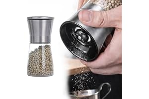 Manual Spice Grinder with Adjustable Coarseness, 180ml Refillable Glass Jar, Stainless Steel Top, for Pepper, Salt, Herbs and