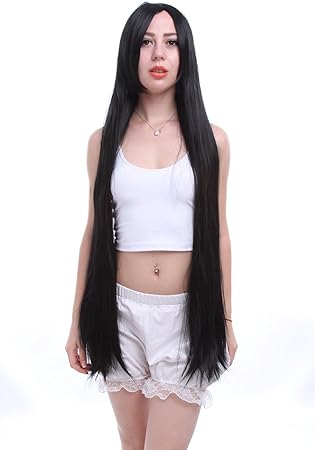 L Email Wig 100cm Japanese Anime Oblique Bang Long Black Straight
