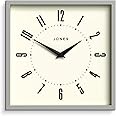 JONES CLOCKS® Box Wall Clock | Retro Square Clock | 10 inch | Grey | Easy to Read Numbers | Perfect Kitchen Clock or Office Clock