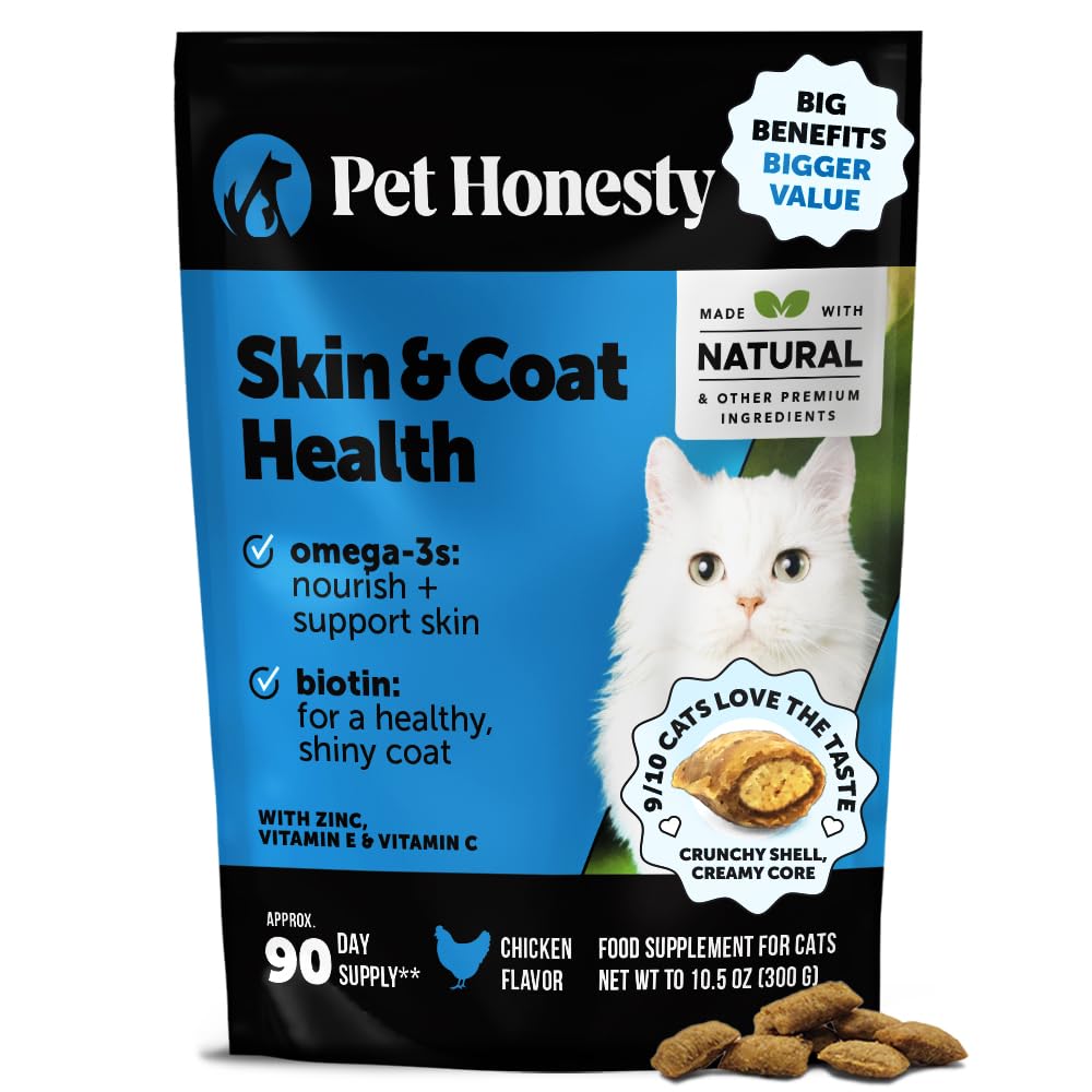 Cat Skin & Coat Health Chews – Crunchy & Creamy Treats with Omegas, Vitamin C & E, Biotin – Soothes Itchy, Dry Skin, Reduces Shedding & Promotes a Shiny Coat – Cat Vitamins (Chicken 90-Day Supply) Image