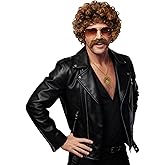 5pcs Disco Costume Set with 70s 80s Disco Wigs, Glasses, Moustache, Chain Necklace & Wig Cap, Short Curly Hair Afro Mens Wig for Retro Dance Parties, Halloween(Blonde Mixed Brown)