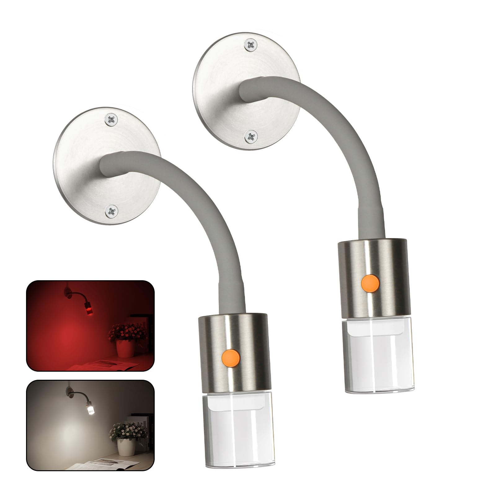 Obeaming 12V Reading Light Camper Van Bedside Lamp, Flexible Gooseneck, 4000K&Red Light, DC 12V-24V LED Spotlight Wall Light Dimmable for Motorhome Boat Truck Interior, 2 Pack Acrylic Lamp Shade
