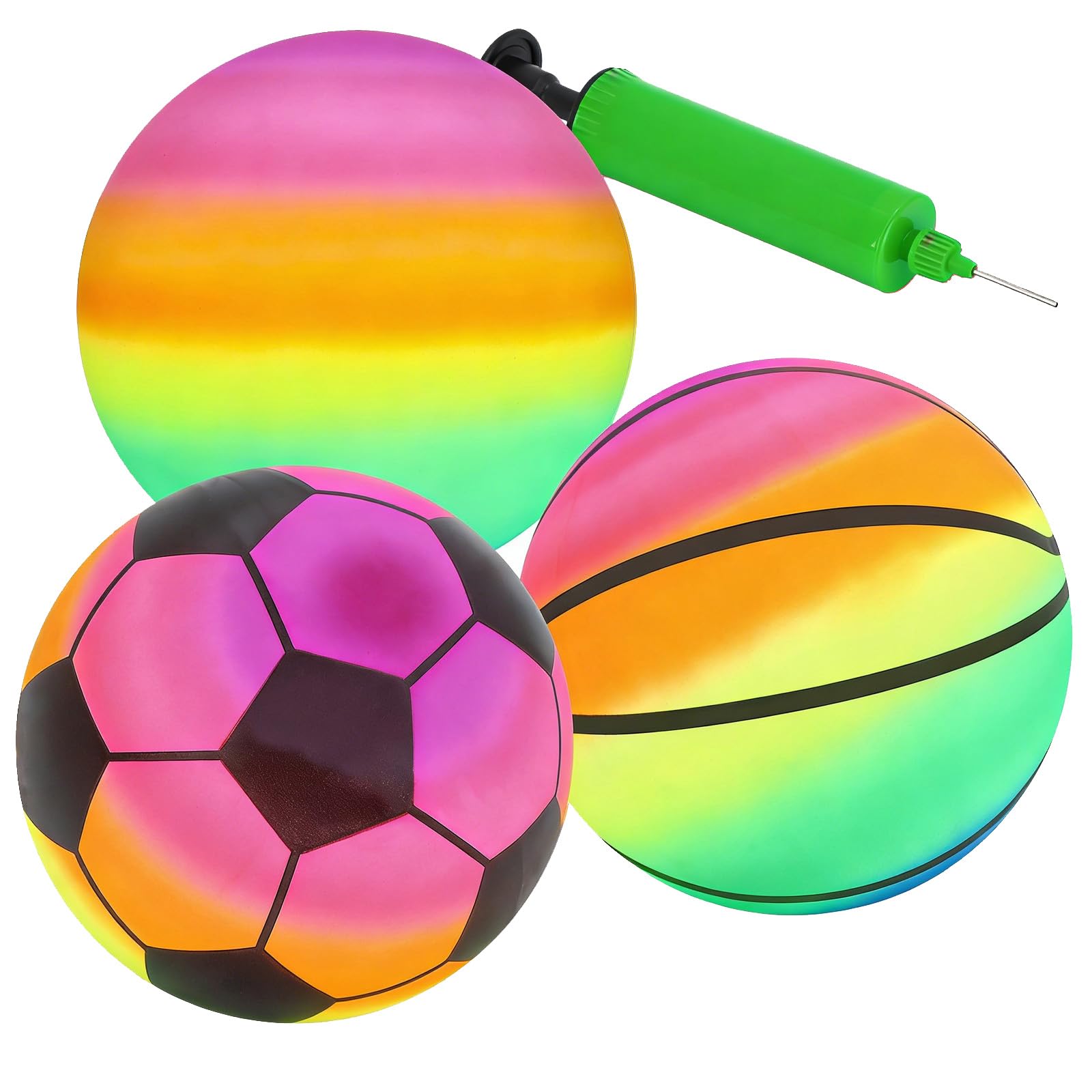 Gukasxi 3 Pcs Inflatable Beach Ball with Pump, Inflatable Toddler Sport Balls Football Basketball Rainbow Ball Outdoor Playground Garden Bouncy Beach Balls Toy Summer Games for Kids Boys Girls Gifts