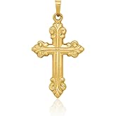 IceCarats 14K Yellow Gold Fleur De Lis Cross Pendant Necklace | Lightweight, Large, 35.7mm 1-3/8 inch, for Women and Men, Religious