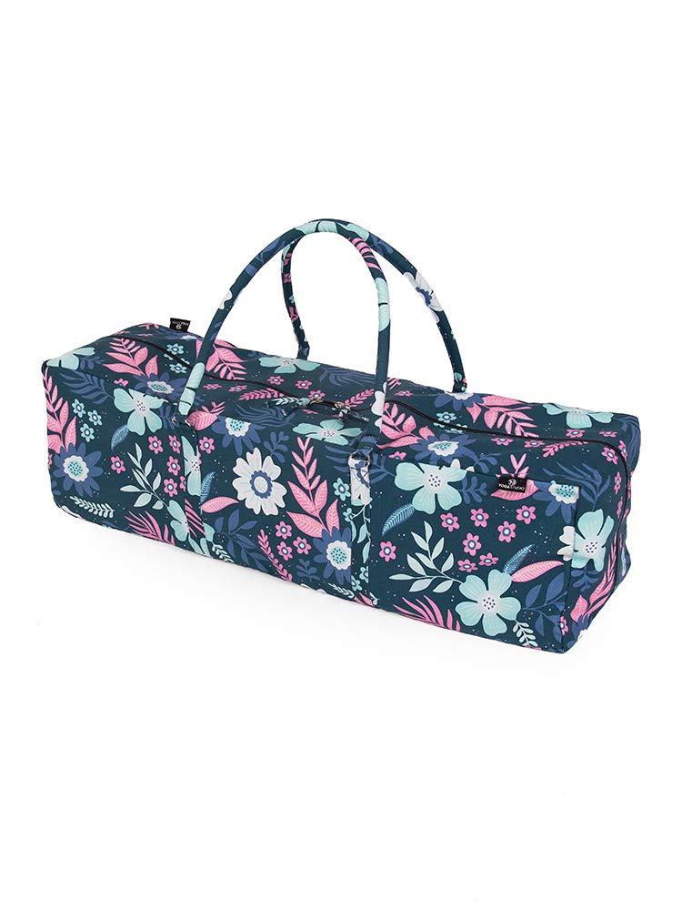 Yoga Studio Designed Yoga Kit Bag - Blue Flowers, 71cm x 23cm x 18cm, Embroidered Lotus Cotton Yoga Bag with External Storage Pockets