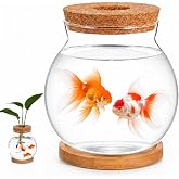 ibasenice Desktop Fish Bowl Glass Fish Tank with Wood Lid &amp; Bamboo Base | Clear Glass Desktop Aquarium Hydroponic Plant Terrarium Bowl for Betta Fish Plants Terrarium Home Office Decoration