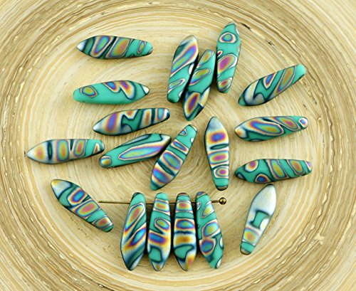 Matte Peacock Turquoise Green Czech Glass Dagger Beads Leaf 16mm x 5mm 30pcs