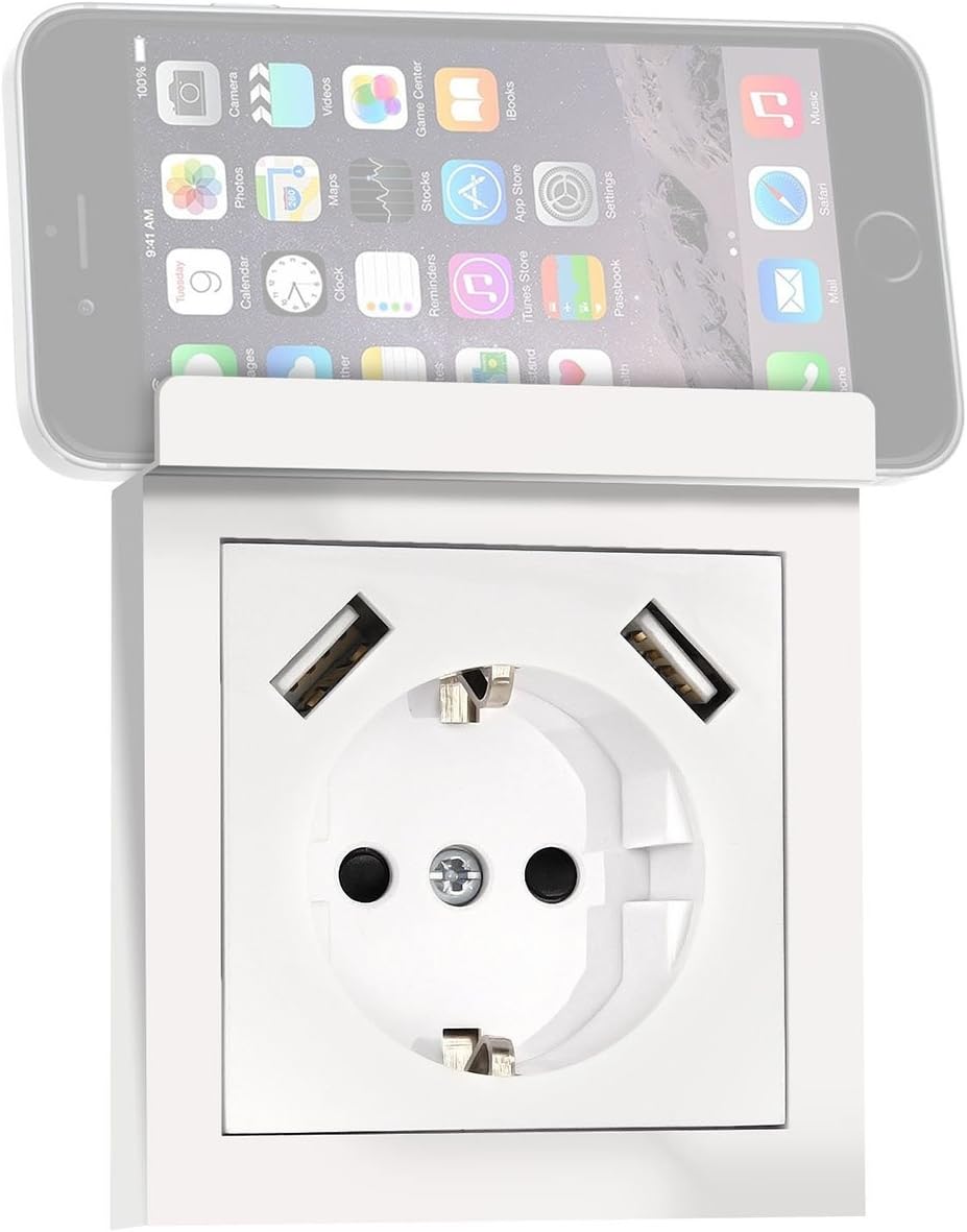 Minadax SCHUKO socket with 2x USB, Fits Standard Single Surface Socket Back Box Pattress Smartphone Holder for charging ipod iphone ipad All Mobile Phone/Smartphone/MP3 Unterputz