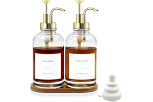 MFBJXC 2-Pack Coffee Syrup Dispenser for Coffee Bar, 16.9 oz 500 ml Glass Syrup Bottle with 36 Labels and Bamboo Tray, Syrup Pump Dispenser for Coffee Bar(Gold pump)