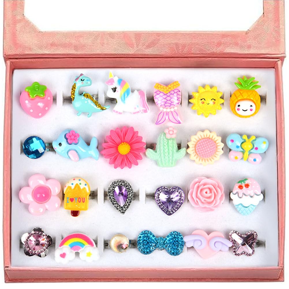 OSDUE Girl Rings, 24PCS Little Girl Jewel Rings in Box, Adjustable Ring Set for Girls, No duplication, Cute Princess Play Dress Up Ring for Kids Little Girls, Dinosaur/Unicorn/Flower