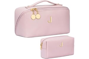 CLOUDWINGS Birthday Gifts for Women Teen Girl, Personalized Initial Makeup Organizer Bag Set, Open Flat Travel Cosmetic Bag W