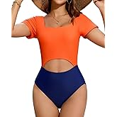 Cromi Womens Short Sleeve One Piece Swimsuits Solid Color Bathing Suit Square Neck Cutout Swimwear
