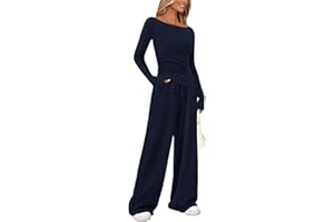 PRETTYGARDEN Women's 2 Piece Lounge Sets Asymmetrical Long Sleeve T Shirt Wide Leg Pants Casual Outfits Tracksuit