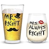 Mr. Right and Mrs. Always Right Stemless Wine Glass and Beer Glass, Funny Couple Set for Her Him Newlywed Couples - Ideal for