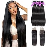 Straight Bundles with Closure Human Hair 10 12 14+10 Brazilian Human Hair Bundles with Closure Straight 100% Unprocessed Virg