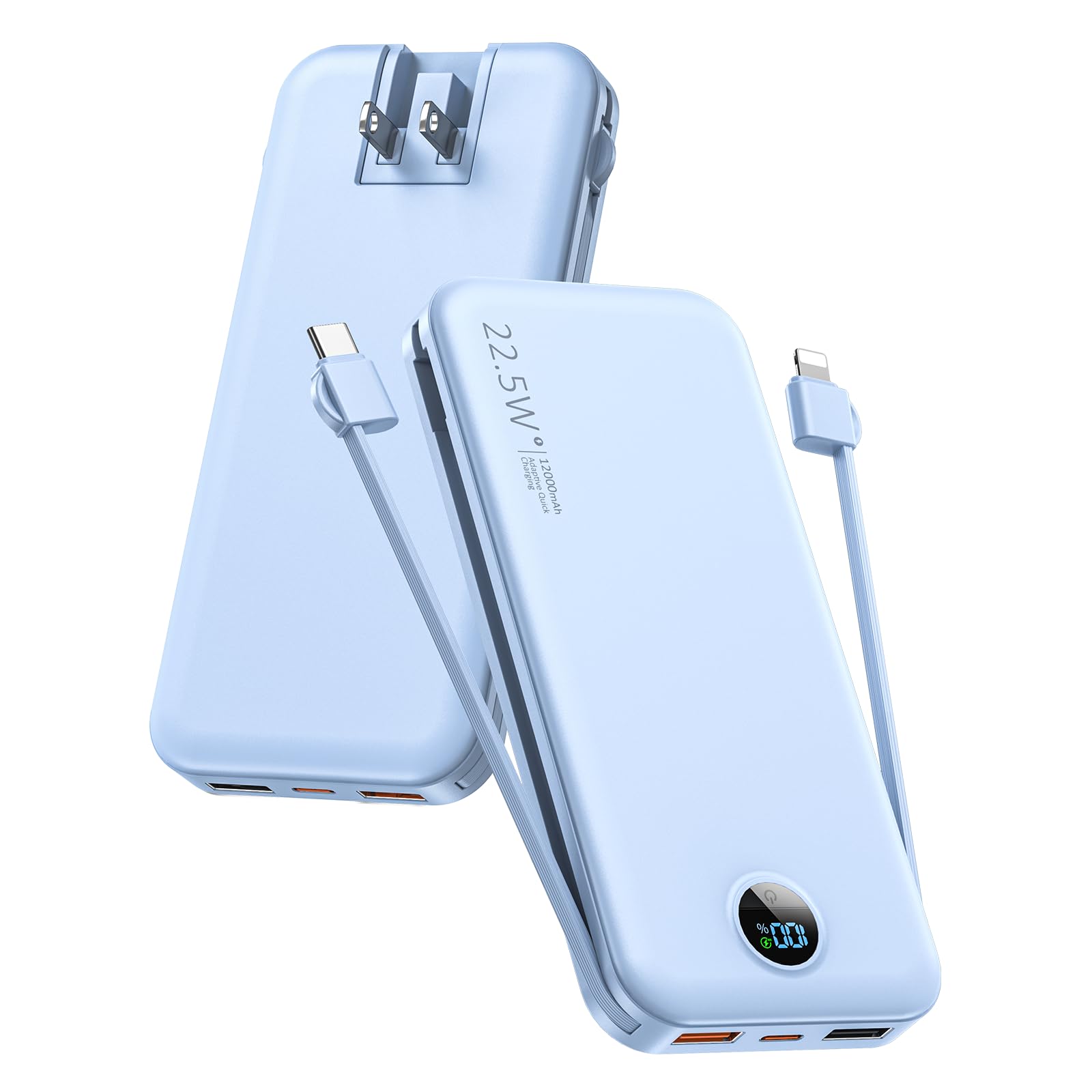 Photo 1 of Portable Charger with Built-in Cables and Wall Plug, 12000mAh 22.5W USB C Power Bank Fast Charging with LED Display, External Battery Pack Travel Essentials Compatible with iPhone, iPad, Samsung Blue