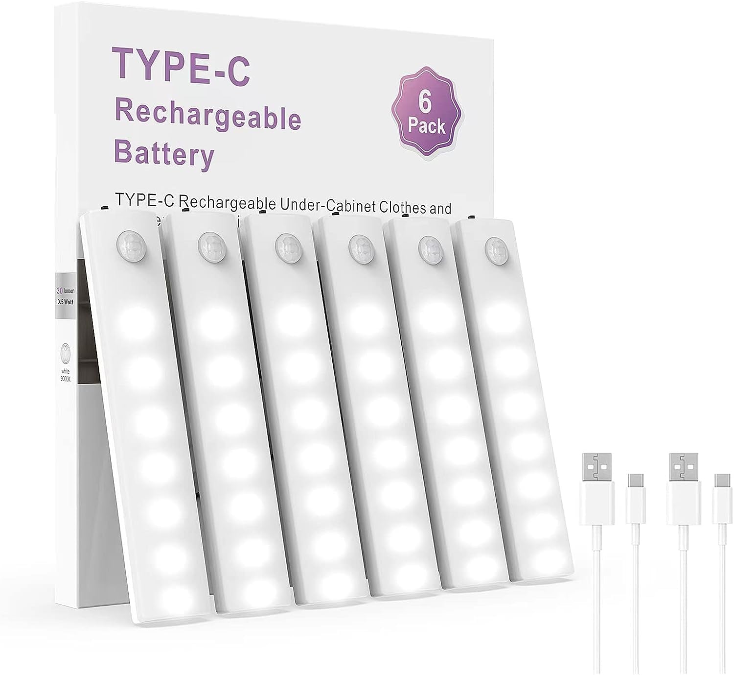 Yifeid 6 Pack Motion Sensor Lights - Indoor, Wireless USB Rechargeable Under Cabinet Kitchen Lights with Magnetic Base for Cupboards, Closets, Bedrooms & Stairs