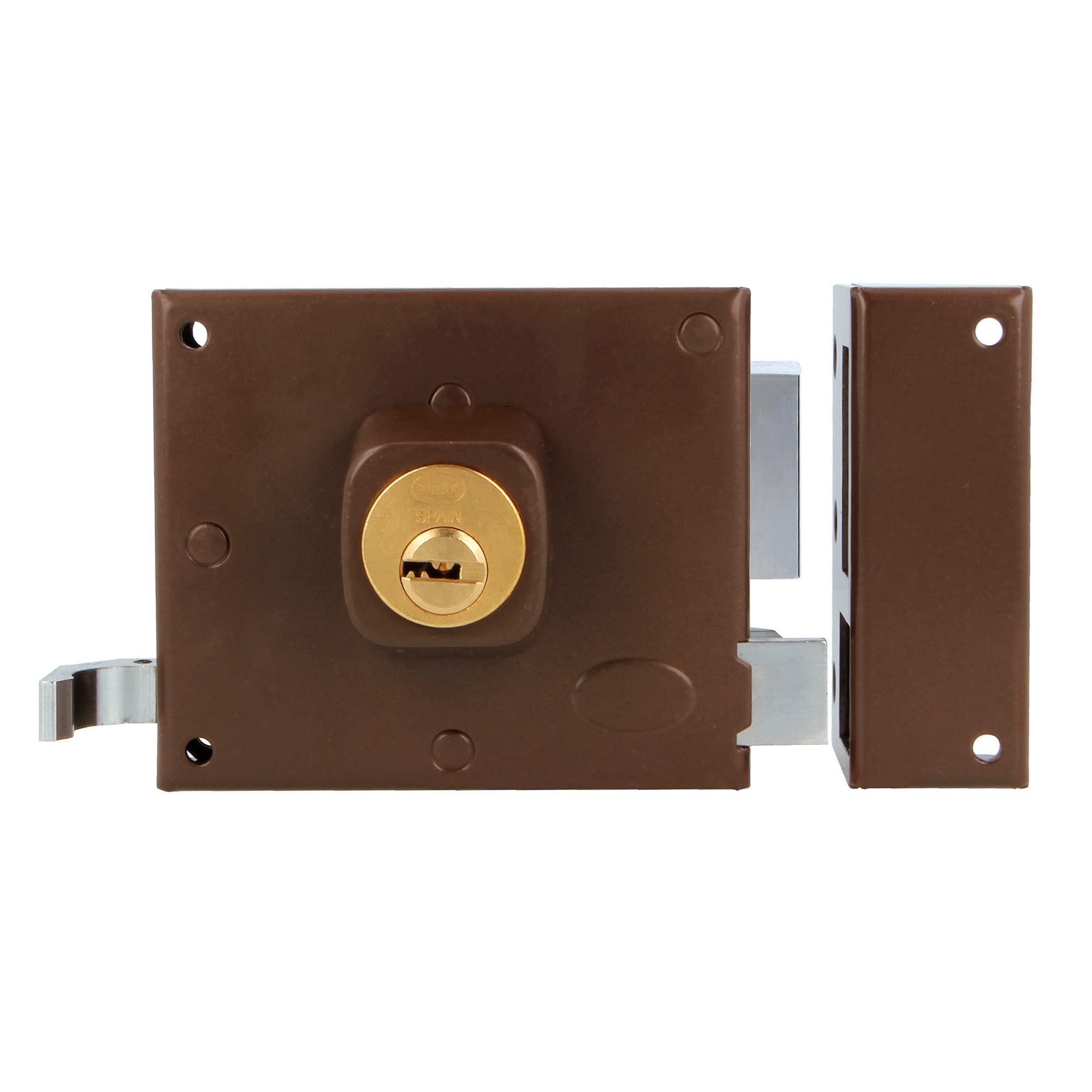 Amig - Right Overlap Lock with Locking Lever, Tab and Handle for Wooden Doors Mod. 72 | 100 x 85 mm | Latch with Round Cylinder | Brown Steel