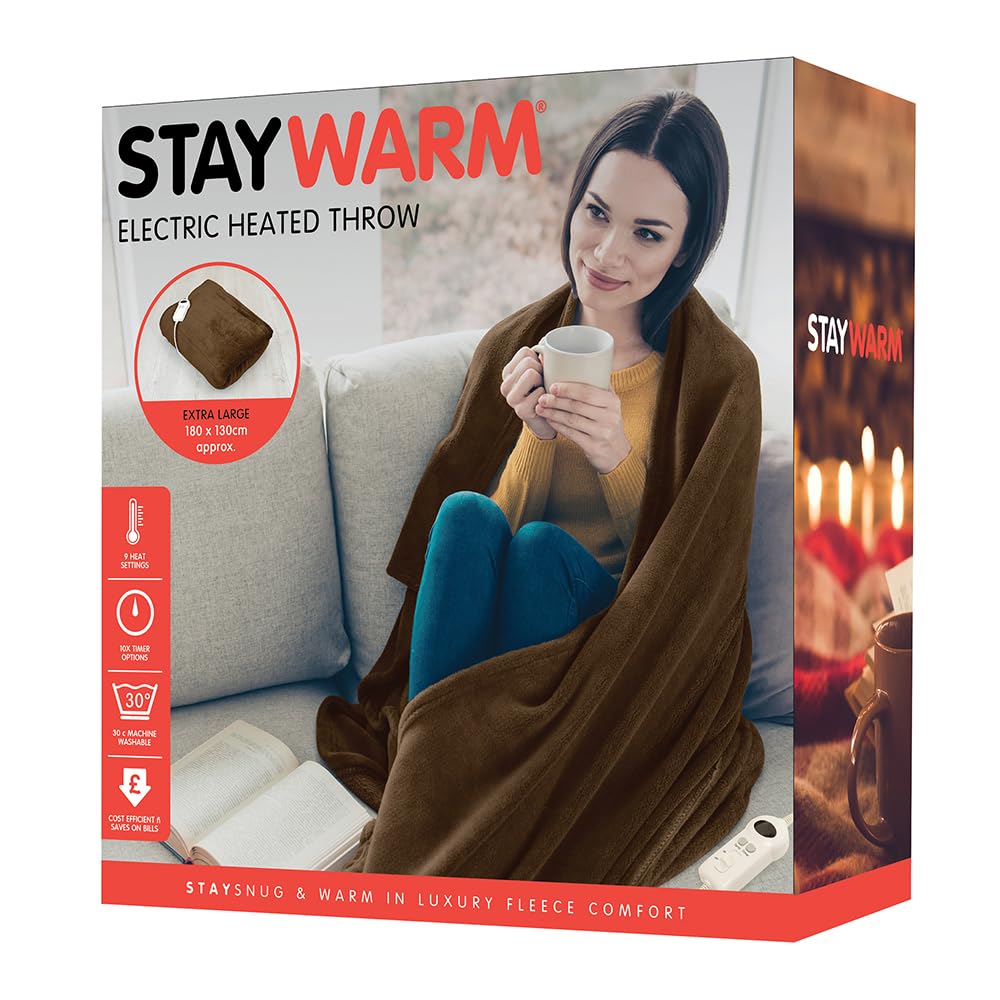 STAYWARM Heated Throw - Electric Comfort Blanket - Digital Controller - Timer up to 12 hours, 9 Heat Settings, Auto Shut off - Economical - Machine Washable - 180 x 130cm - Brown - F2851BR One Size