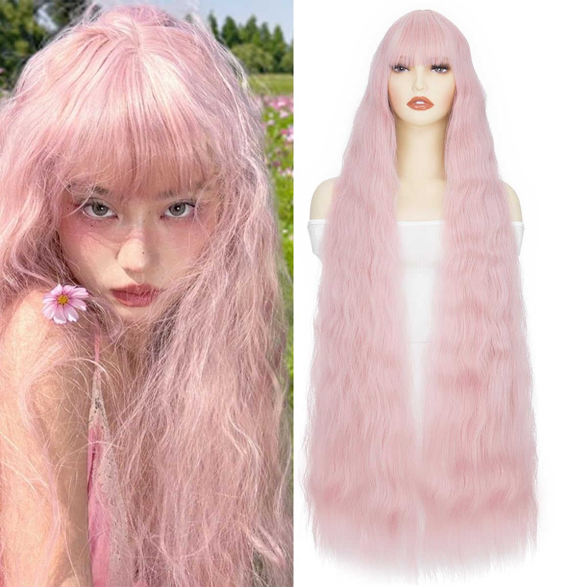 Yamel Extra Long Corn Curly Pink Wigs for Women Cosplay Costume Synthetic 39 inch Lolita Wig With Bangs — image 1