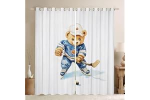 Castle Fairy Ice Hockey Window Drapes,Cute Cartoon Bear Ball Sports Blackout Window Curtains,Animal Hockey Player Games Nurse