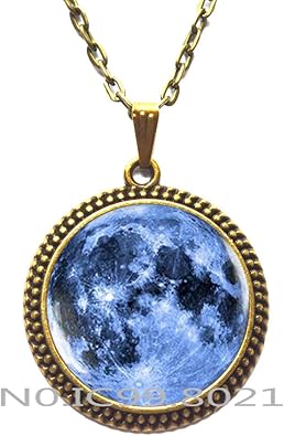 Amazon Com Blue Moon Necklace Full Moon Necklace Moon Pendant Galaxy Space Blue Necklace Moon Jewelry A050 Jewelry