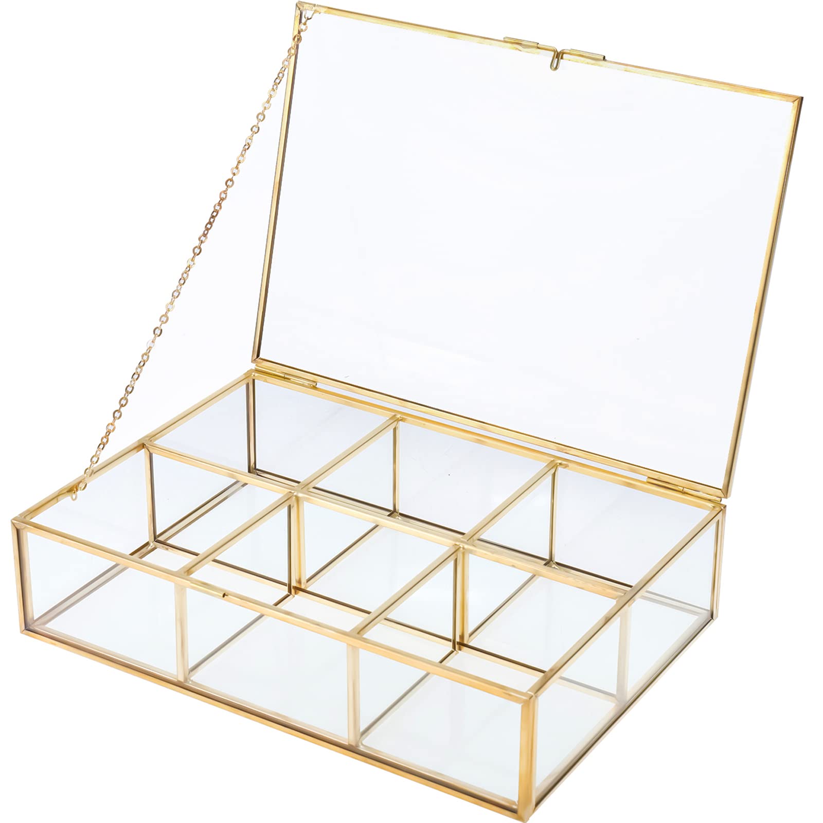 Homtone Glass Jewelry Box with 6 Compartments, Golden Clear Display Box Jewelry Organizer and Counter Top Collection Display Case, Decorative Clear Glass & Brass Box