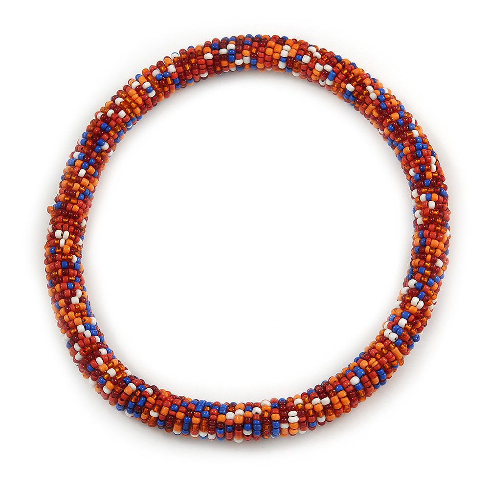 Avalaya Chunky Orange/Blue/Coral/White Beaded Stretch Necklace/44cm L