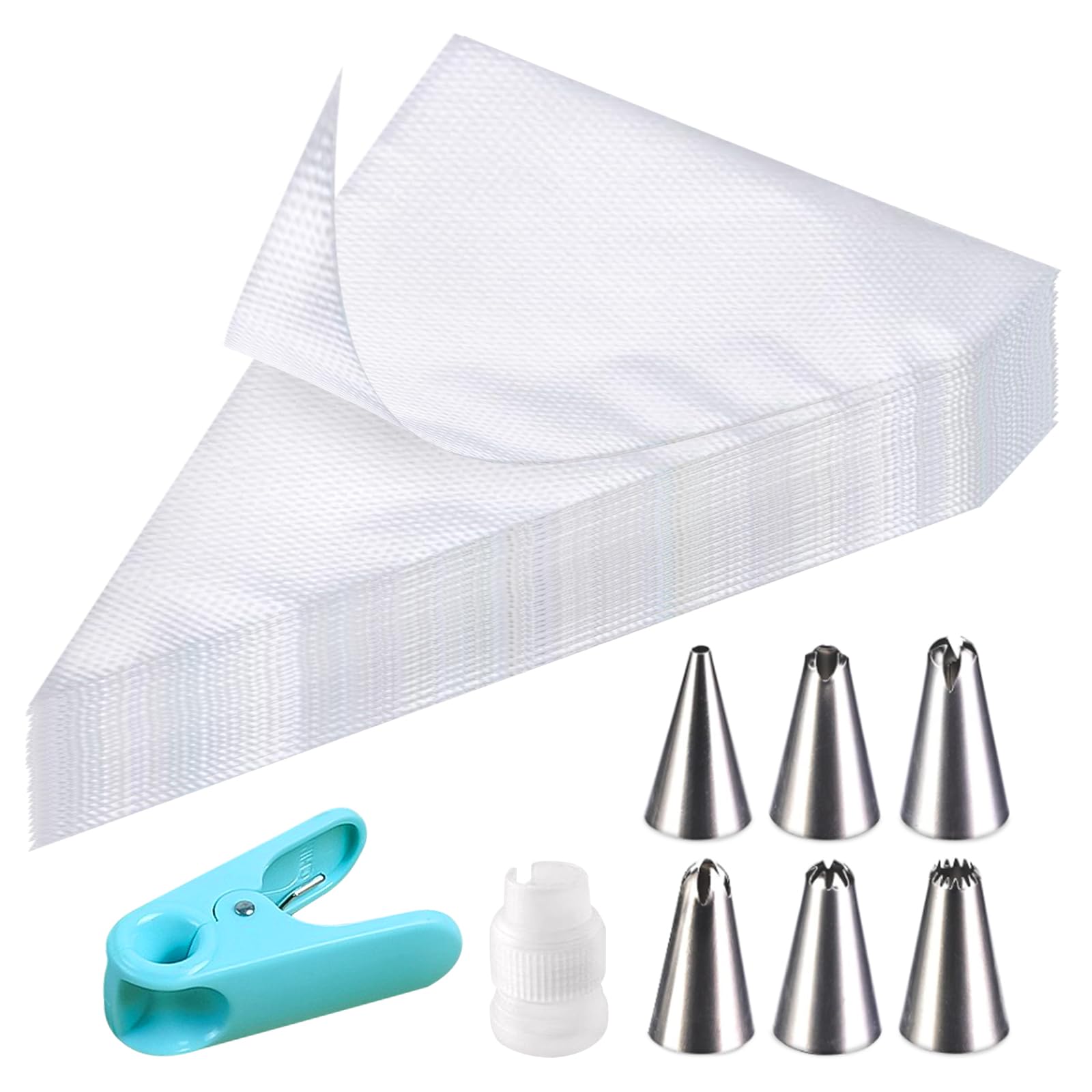 soodyoow 100 Pcs Disposable Piping Bags, Piping Bags and Nozzles Set with 1Coupler+6Nozzles+1Baking Clip, Icing Piping Cream Pastry Bag, Clear Piping Bags for Baking Cake Decorating Chocolate Sweets