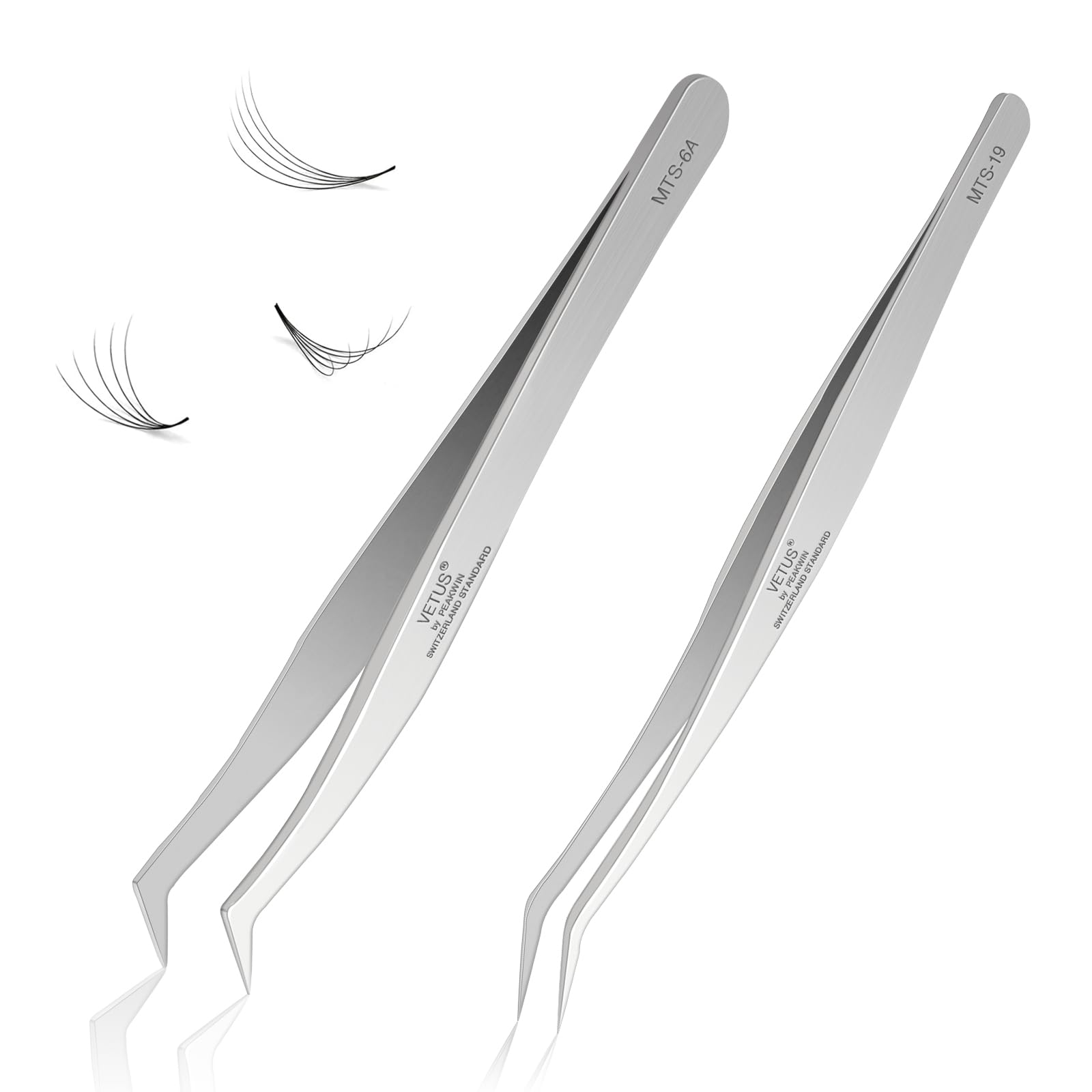 LZM Professional Curved Olecranon Clip Tweezers Set for Eyelash Extensions, Stainless Steel Volume Precision Tools, Silver (MTS-6A & MTS-19)