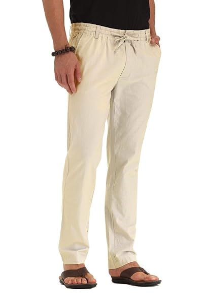 ZYFMAILY MEN’S DRAWSTRING PANT BACK ELASTIC WAISTBAND BEIGE-US 34