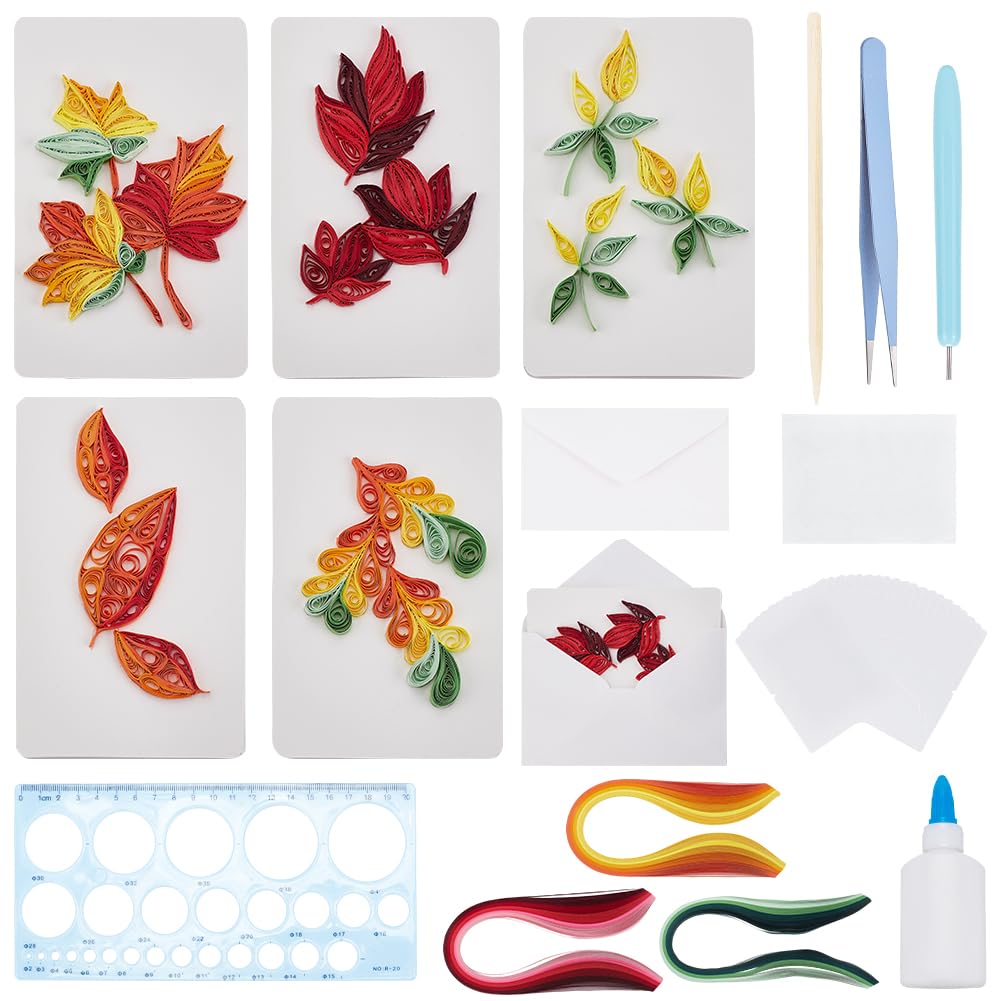 WEBEEDY 20 Sets DIY Autumn Leaf Paper Quilling Kit with Paper Quilling Strips Tools DIY Handmade Autumn Maple Leaf Quilling Card Making Kit with Instruction for Beginners Thanksgiving Day Party