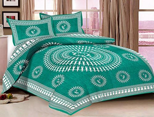 Metro Living Printed Design 120 TC Cotton Indian 1 Queen Size Flat Sheet With 2 Pillow Cases, Bedspread-Single,Green